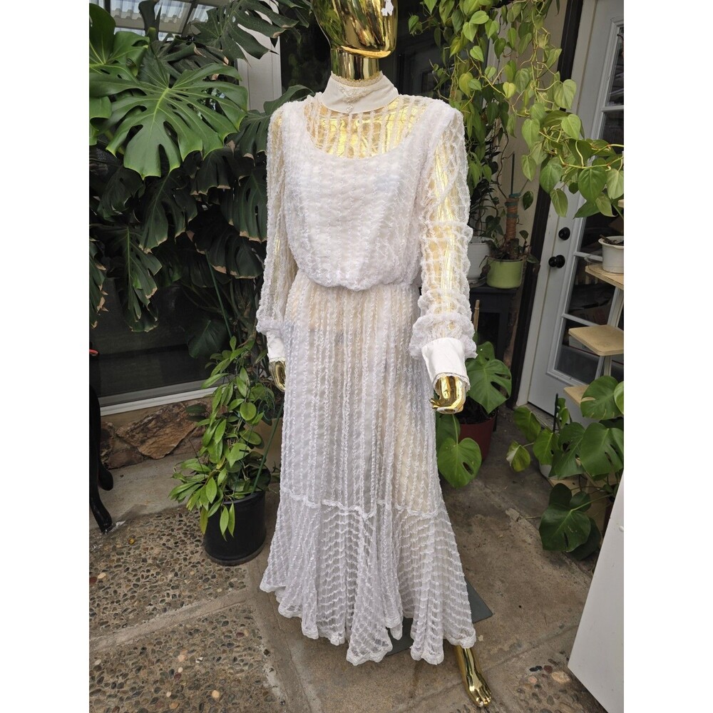 Vintage Recollections Lace Prairie Dress White Cottagecore Victorian L - Picture 3 of 15